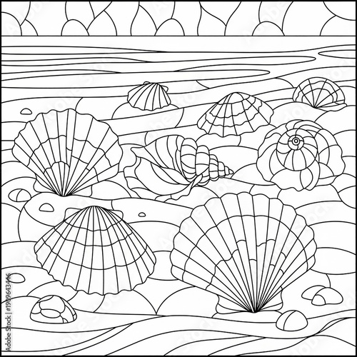 Seashells and pebbles on sandy beach with wavy water and distant shore graphic style ocean mosaic
