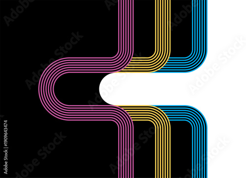 Abstract vector pattern. Black base with colored parallel retro lines. Sporty divided vector background from curved lines. . 60s - 80s design element. Flow, roads, disco, hippie. Border, place for tex