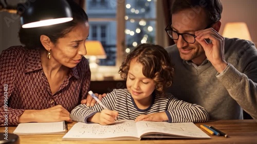 Family doing homework together under a desk lamp indoors