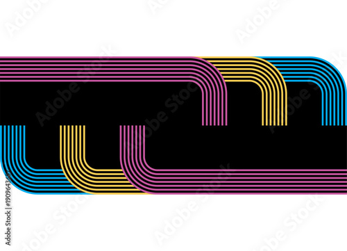 Abstract vector pattern. Black base with colored parallel retro lines. Sporty vector background of curved lines. . 60s - 80s design element. Flow, roads, disco, hippie. Border, place for text