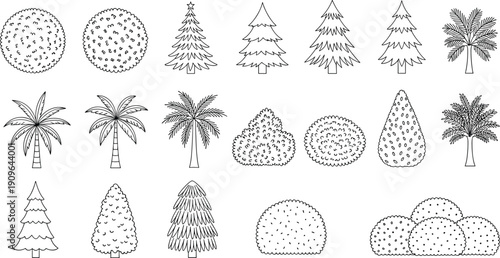 Tree and bush outline vector set, hand drawn nature elements, forest collection, isolated botanical illustrations for landscape design projects