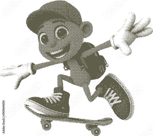 Cute Cartoon Boy Skateboarding Vintage Halftone Character Illustration