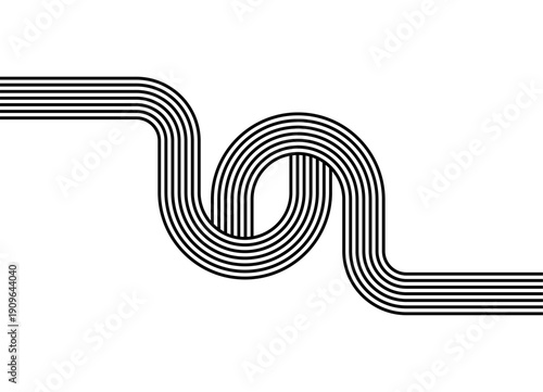 FAbstract Vector pattern of black parallel retro lines on white background. Sporty vector background of curved intertwined intersecting lines. Striped arches. 60s - 80s design element. Flow. Disco, hi