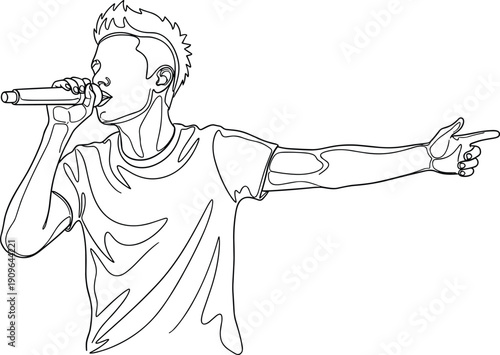 Male rapper performing with microphone outline vector, hip hop music artist pointing gesture, live stage performance illustration, isolated entertainment design