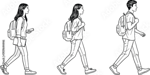 Hand drawn students walking with backpacks, college lifestyle illustration, young people line art, education concept, black white vector isolated set