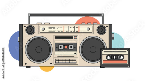 Vintage style cassette player boombox and audio tape illustration with colorful abstract shapes in the background.