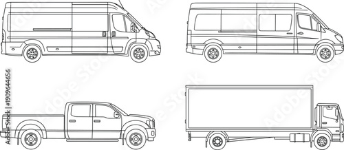 Commercial vehicle outline vector set, cargo van, pickup truck, delivery box truck illustrations, transportation fleet collection, isolated logistics design