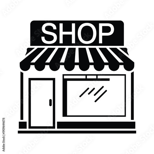 Black shop storefront icon with striped awning and display window silhouette isolated on transparent background for retail business
