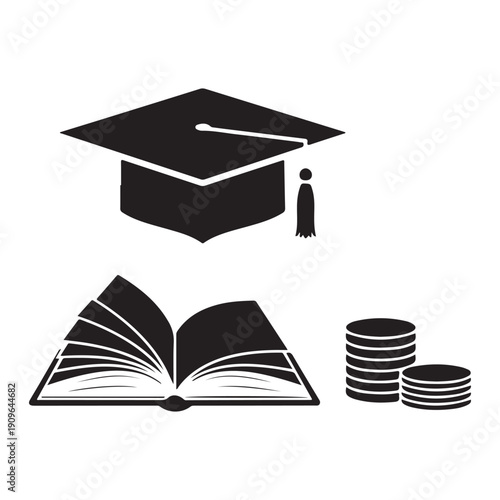 Graduation cap with open book and coins for education investment concept