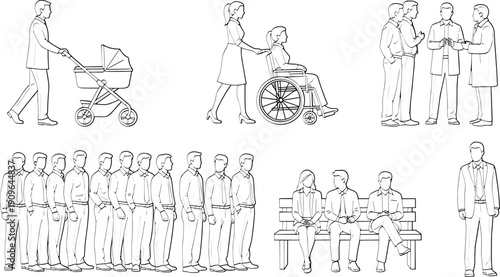 Business people and daily life activities outline vector set, professionals, caregiving, teamwork, waiting line, isolated corporate lifestyle illustration collection