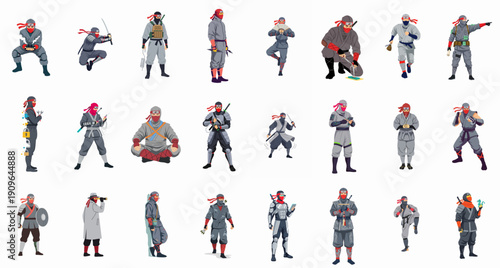 Set of diverse ninja characters in different poses, actions, and costumes, from traditional Japanese martial artists to modern stealth operatives and cyborg warriors.