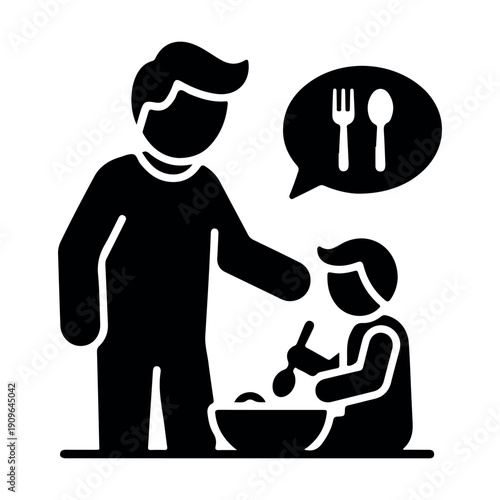 Father teaching toddler to eat with spoon and fork at home mealtime parenting bonding flat design illustration