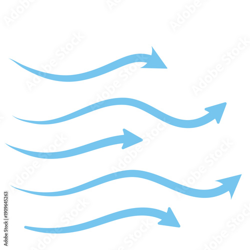 Blue air motion lines. Wind symbol Wind blow line icon. Hand drawn air wave icon. Outline wind movement symbol isolated on white background. Windy icon. Air flow icon set