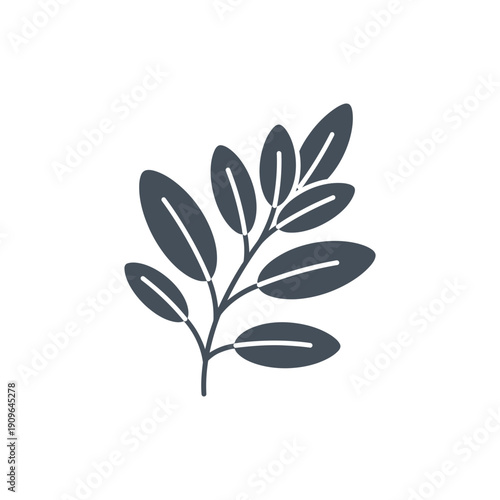 Sage Branch with Multiple Elliptical Leaves, Dark Gray Plant Icon, Flat Vector Illustration