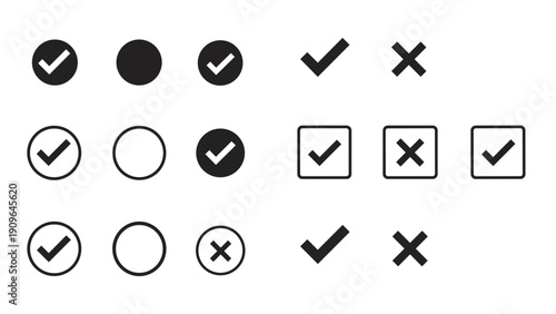 Diverse collection of checkmark and cross icons in various styles including circles squares and minimalist symbols.