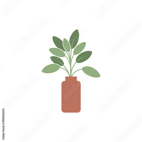 Sage Plant in Vase with Muted Green Leaves, Flat Minimal 2D Illustration