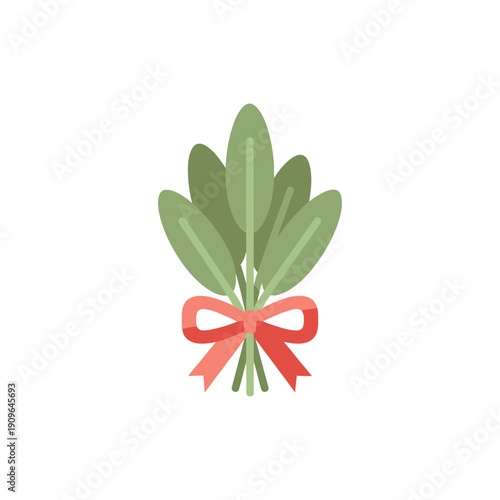 Sage Sprig with Red-Orange Ribbon, Green Leaves Flat Vector Icon