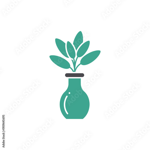 Sage Sprig in Teal Vase Minimalist Flat Green Leaves Botanical Vector Illustration