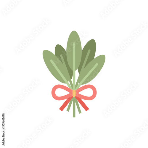 Sage Leaf Bouquet Tied with Red Ribbon Minimalist Flat Green Botanical Illustration