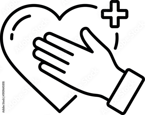 Hand wiping a heart icon with a cross symbol nearby, representing healing, care, and compassion.