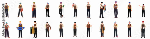 Collection of traditional bespoke tailors in vintage style clothing, demonstrating various professional tasks like measuring, cutting, and handling fabrics.