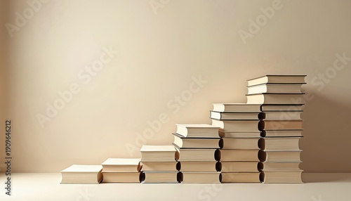 Stacks of books ascend like stairs on a neutral surface. The orderly arrangement suggests growth learning and knowledge accumulation. This visual concept promotes education and research.