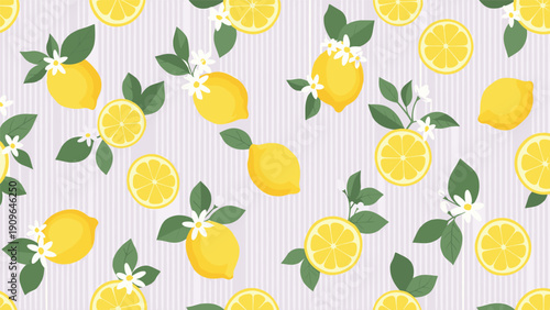 Fresh seamless pattern featuring whole lemons sliced citrus and small white flowers on a light striped background.