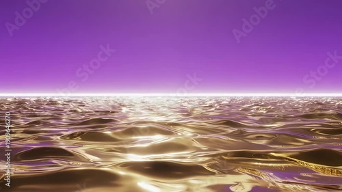 3D liquid gold ocean under a violet sunset sky with sharp horizon