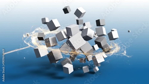 Wallpaper Mural Futuristic digital scene with connected white cubes, ethereal light effects, and bright blue backdrop Torontodigital.ca