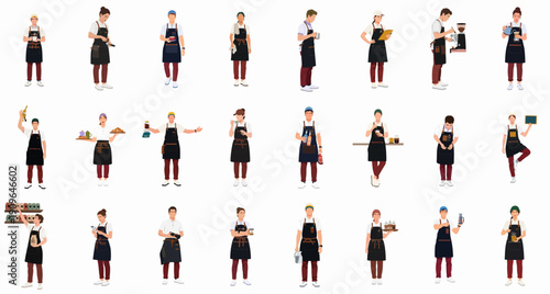 Collection of diverse baristas and café staff illustrations in uniform performing various coffee preparation, service, and management tasks on a white background.