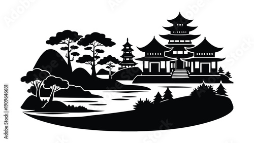 Asian Riverside Village Silhouette Vector