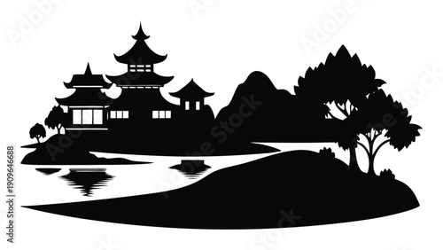 Asian Riverside Village Silhouette Vector