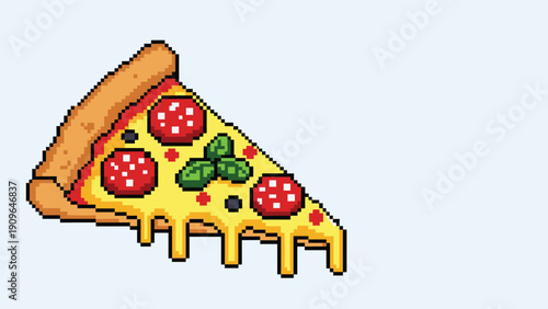 Pixel art illustration of a delicious slice of pepperoni pizza with melting cheese and fresh green basil leaves.