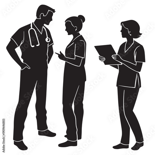 Medical Team Silhouette Vector: Healthcare Professionals, Doctors, and Nurses in Scrubs with Stethoscope and Clipboard