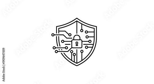 Cybersecurity shield icon with circuitry and lock depicting protection