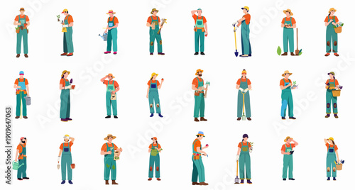Set of vector illustrations featuring male and female gardeners and farmers performing various planting, harvesting, and cultivation activities with tools, isolated on white.