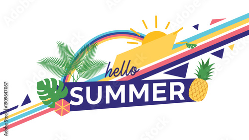 Hello Summer banner design with tropical palm leaves pineapple rainbow and sun on a white background.
