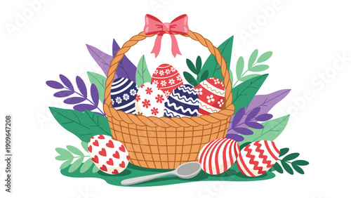 Beautiful wicker basket filled with colorful decorated Easter eggs surrounded by vibrant green leaves and a pink bow on a white background.