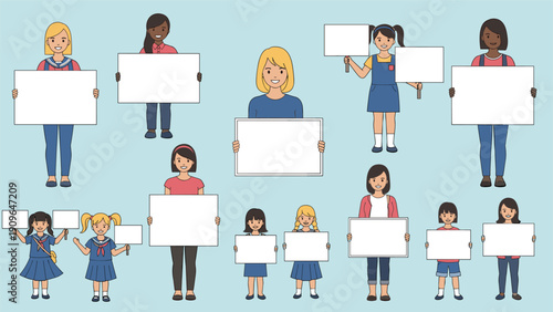 Diverse group of young girls and children holding blank white signboards and posters for messages, protests, or school presentations.