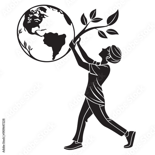 Conceptual Silhouette of Person Carrying the World and Growing Branch