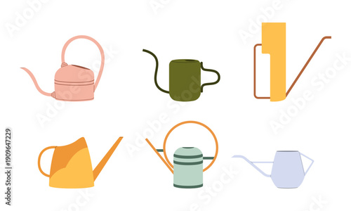 Modern flat set of watering cans in different shapes and colors. Minimal gardening equipment vector collection for plant care, home garden design, eco lifestyle, houseplant illustrations and branding.
