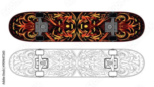 Top view of two skateboards featuring intricate and aggressive fiery graphic designs in orange and black for extreme sports enthusiasts.