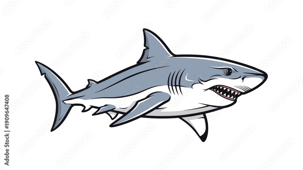 Fototapeta premium Powerful illustration of a great white shark swimming with its mouth open showing sharp teeth on white background.