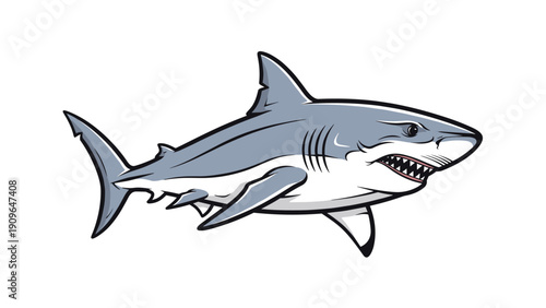 Powerful illustration of a great white shark swimming with its mouth open showing sharp teeth on white background.
