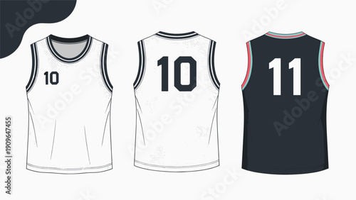 Detailed set of professional basketball jersey templates featuring white and black designs with front and back views.