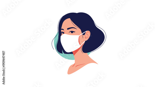 Modern illustration of a stylish young woman wearing a protective white face mask for public health and safety care.