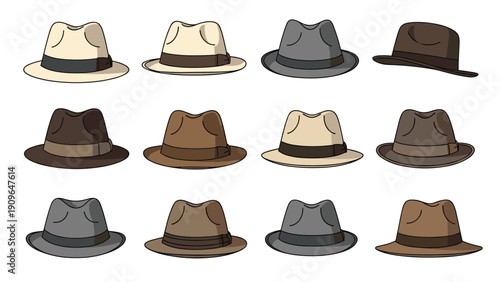 Collection of classic fedora hats in various neutral colors like white, beige, brown, and grey shown from a front perspective view.