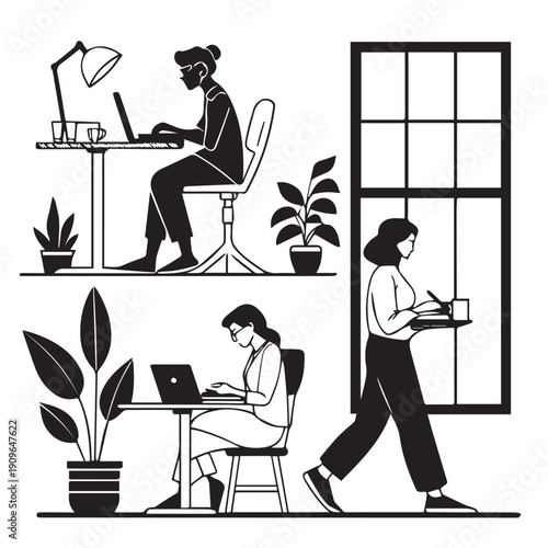 Minimalist Vector Illustration of Diverse People Working in a Modern Coworking Space or Home Office