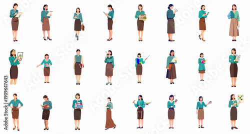 Vector set of female office workers and business professionals engaged in diverse tasks: planning, presenting, technology use, customer support, and management roles.
