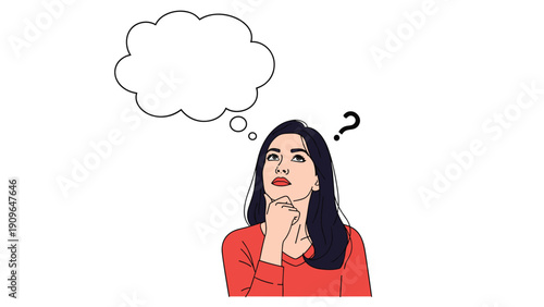 Beautiful woman in a red shirt thinking deeply with an empty thought bubble and a question mark over her head on a white background.